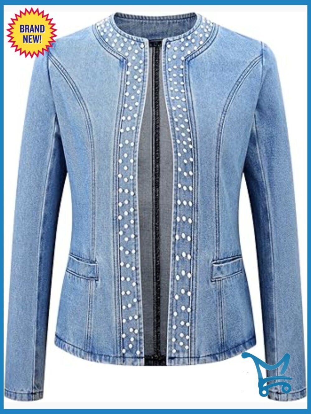 Women's Pearl Denim Jacket Long Sleeve Collarless Rivet Coat with Pockets
